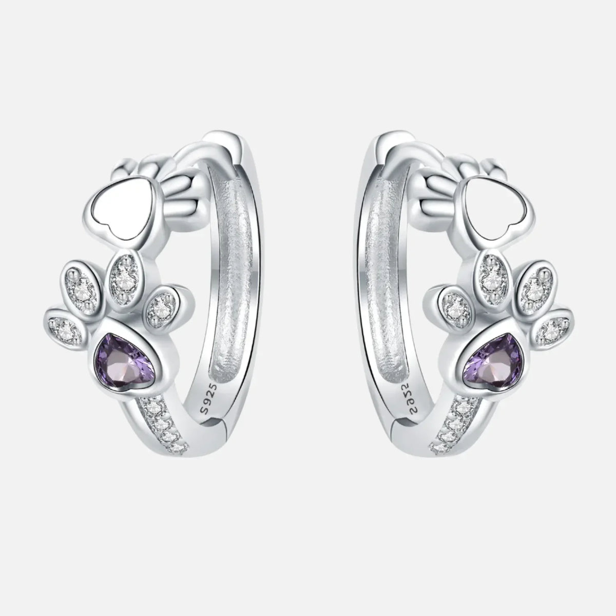 Paw Huggie Earrings in 925 Sterling Silver – With Zirconia and Heart Gem