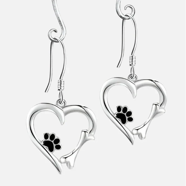 Silver Drop Earrings with Heart & Paw Design