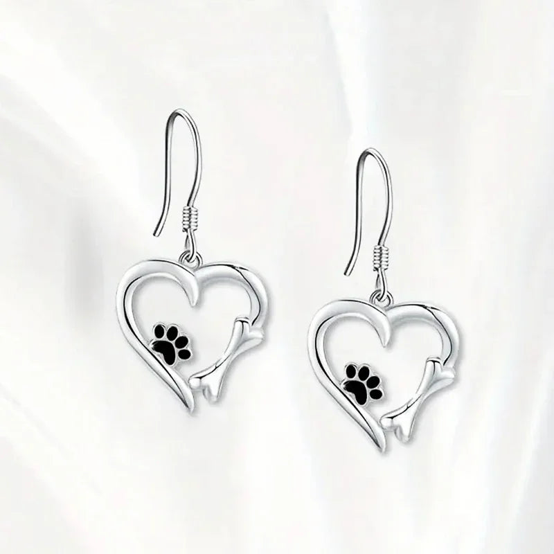 Silver Drop Earrings with Heart & Paw Design